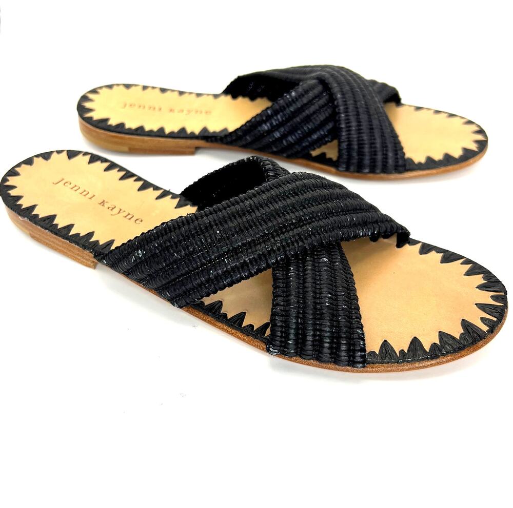 Jenni Kayne Rafia Crossover Sandals Slides Slip On Black 38 NEW